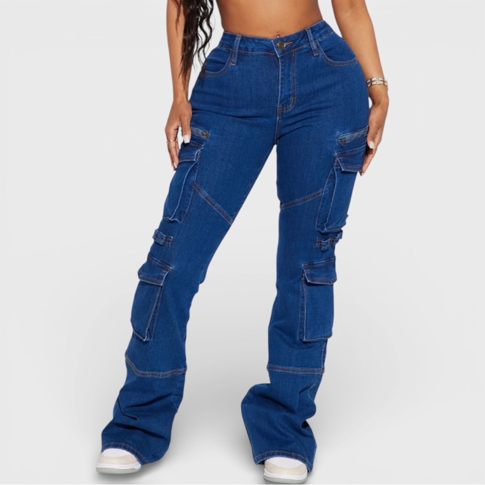 Warning You Mid Rise Stretch Flare Cargo Jean - 7
